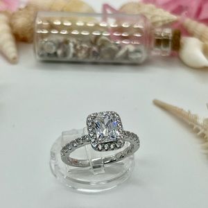 Fashion 295 Silver 8x6 Emerald CZ Halo Engagement Ring.R16